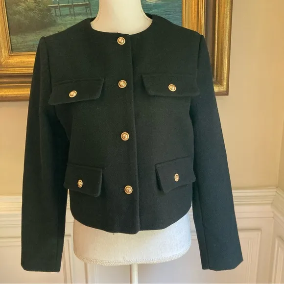 ZARA Black Textured Gold Button Cropped Blazer