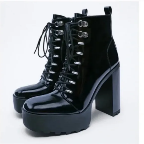 Zara chunky black lace up heels size 39