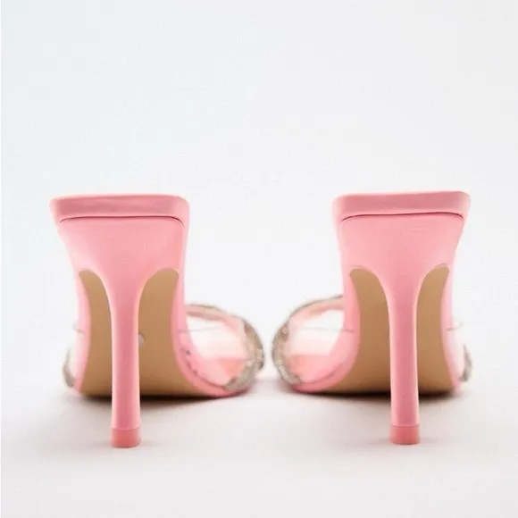 Zara clear pvc jeweled rhinestone embellished heeled open toe pink sandal heels