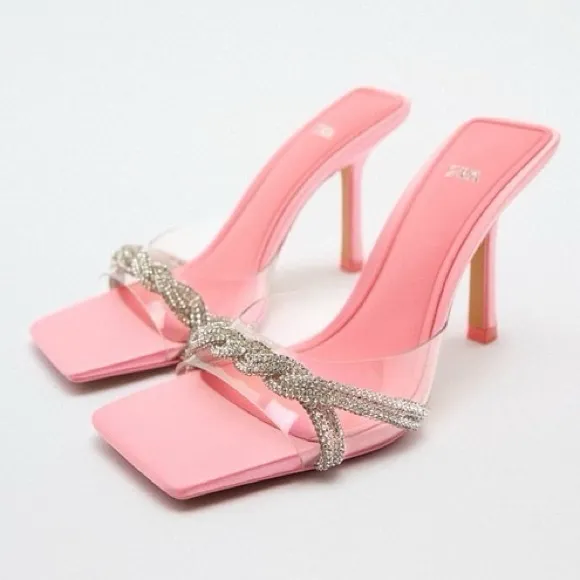 Zara clear pvc jeweled rhinestone embellished heeled open toe pink sandal heels
