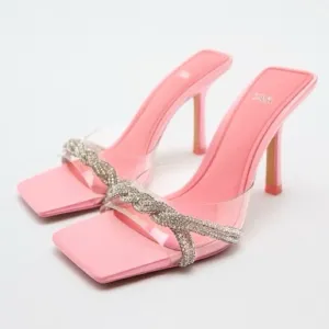 Zara clear pvc jeweled rhinestone embellished heeled open toe pink sandal heels