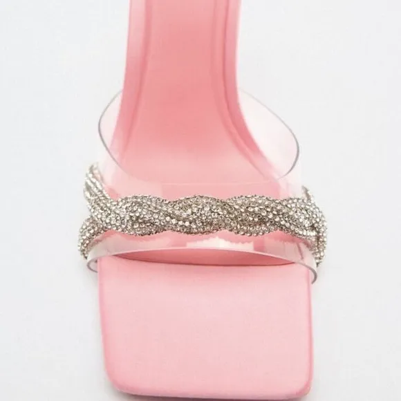 Zara clear pvc jeweled rhinestone embellished heeled open toe pink sandal heels