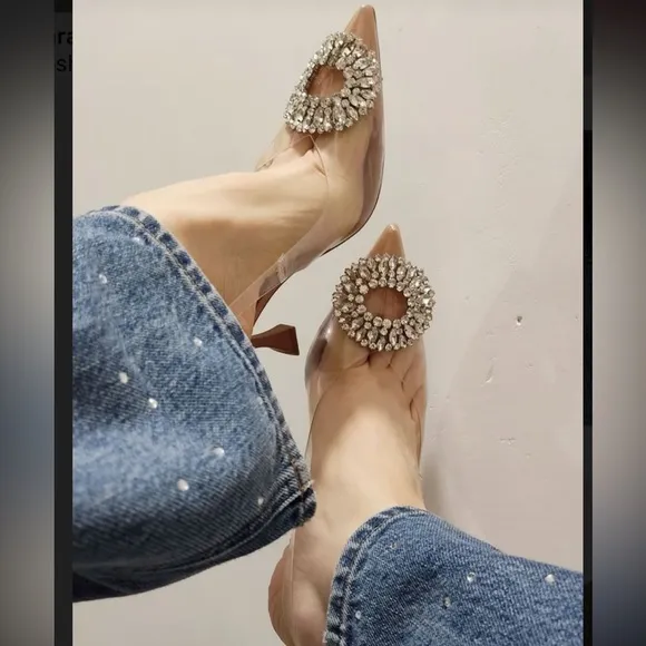 Zara clear rhinestone embellished jewel crystal slingback clear pvc heel pumps
