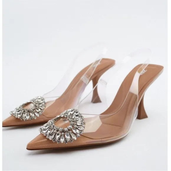 Zara clear rhinestone embellished jewel crystal slingback clear pvc heel pumps