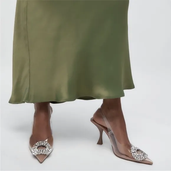 Zara clear rhinestone embellished jewel crystal slingback clear pvc heel pumps
