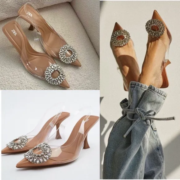 Zara clear rhinestone embellished jewel crystal slingback clear pvc heel pumps