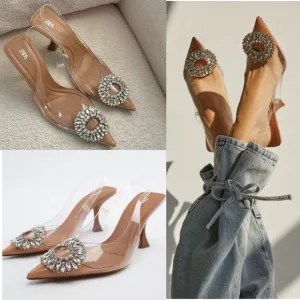 Zara clear rhinestone embellished jewel crystal slingback clear pvc heel pumps