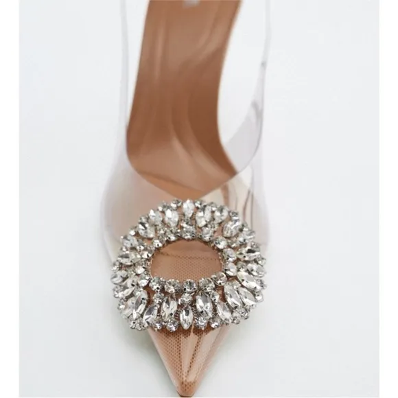 Zara clear rhinestone embellished jewel crystal slingback clear pvc heel pumps