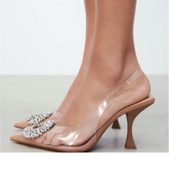 Zara clear rhinestone embellished jewel crystal slingback clear pvc heel pumps