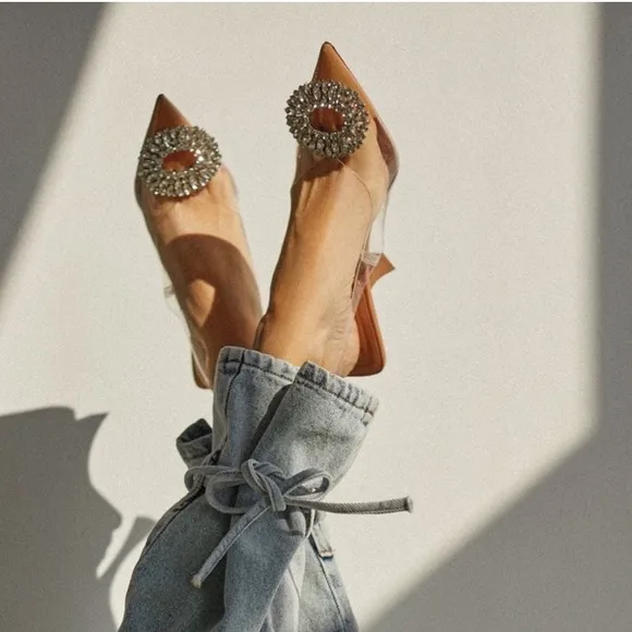 Zara clear rhinestone embellished jewel crystal slingback clear pvc heel pumps