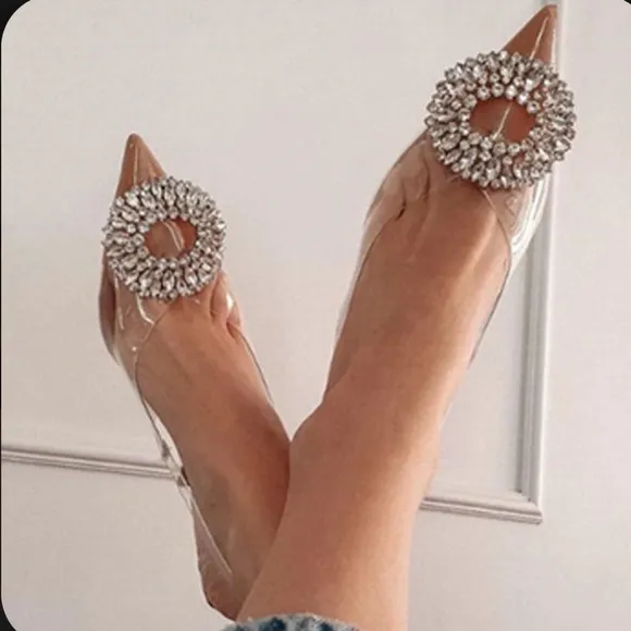 Zara clear rhinestone embellished jewel crystal slingback clear pvc heel pumps