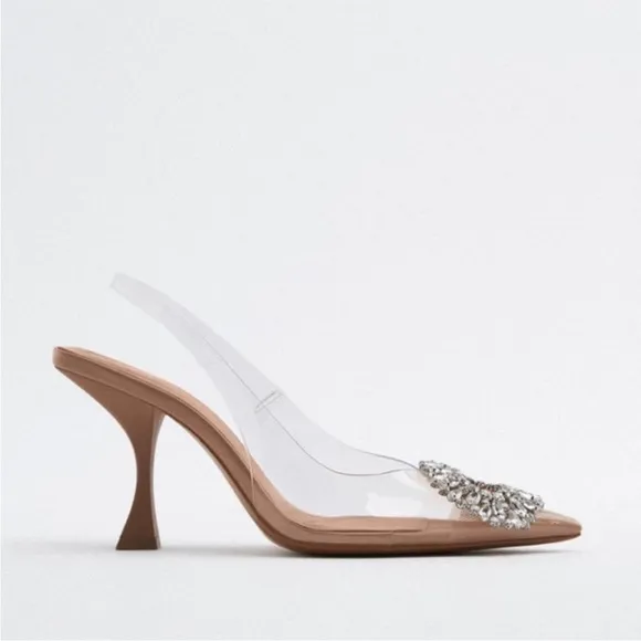 Zara clear rhinestone embellished jewel crystal slingback clear pvc heel pumps