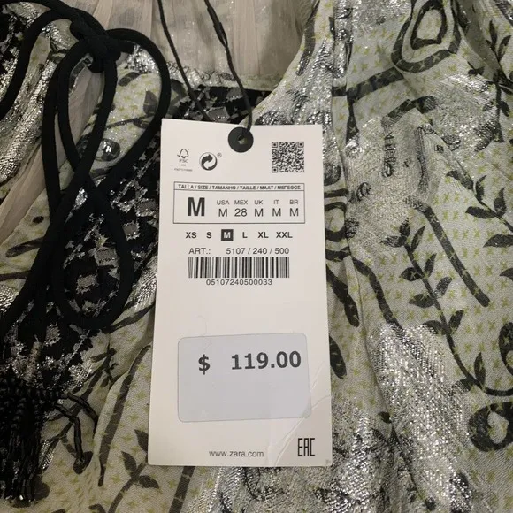 Zara Dress Women's Medium Cream Black Floral Abstract Boho Peasant Pullover