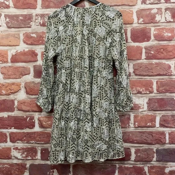 Zara Dress Women's Medium Cream Black Floral Abstract Boho Peasant Pullover