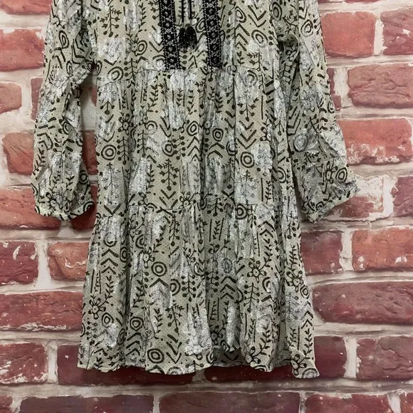 Zara Dress Women's Medium Cream Black Floral Abstract Boho Peasant Pullover