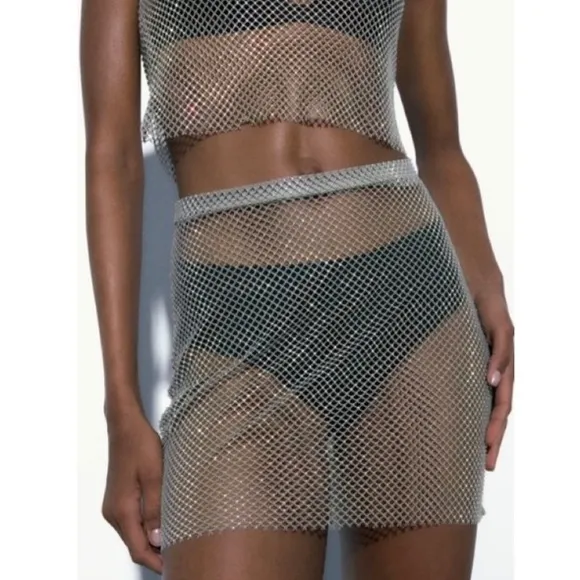 ZARA Gray Iridescent Rhinestone Net Mesh Mini Skirt Cover Up
