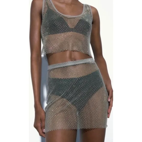 ZARA Gray Iridescent Rhinestone Net Mesh Mini Skirt Cover Up