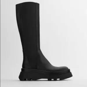Zara Lug Sole Black Leather Knee High Platform Boots