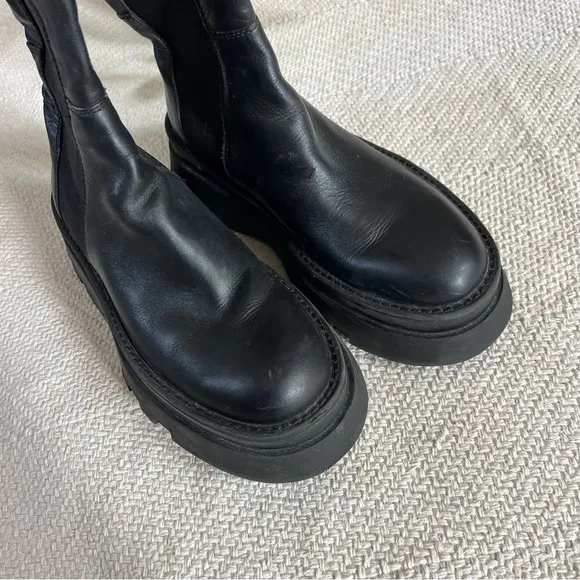 Zara Lug Sole Black Leather Knee High Platform Boots