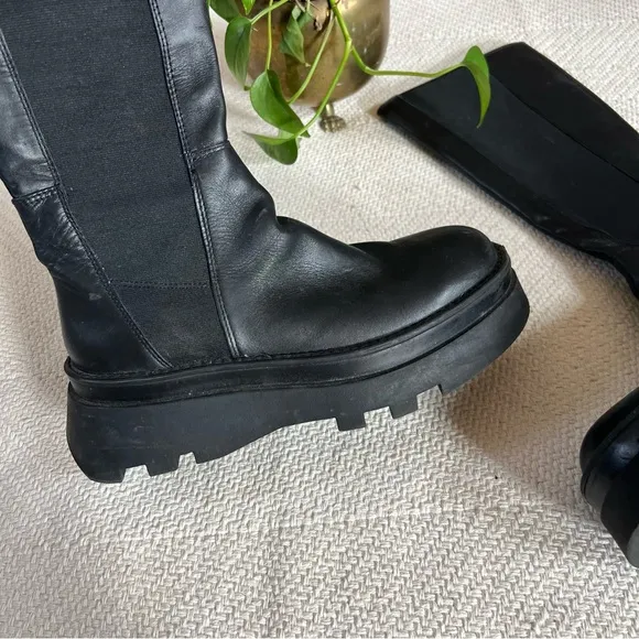 Zara Lug Sole Black Leather Knee High Platform Boots