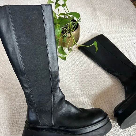 Zara Lug Sole Black Leather Knee High Platform Boots