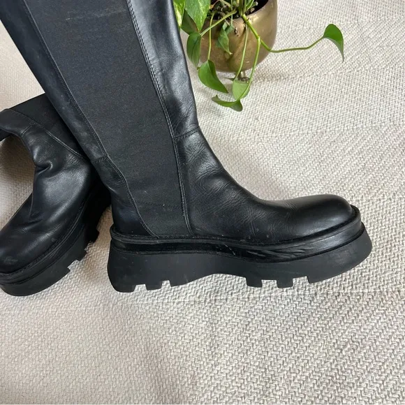 Zara Lug Sole Black Leather Knee High Platform Boots
