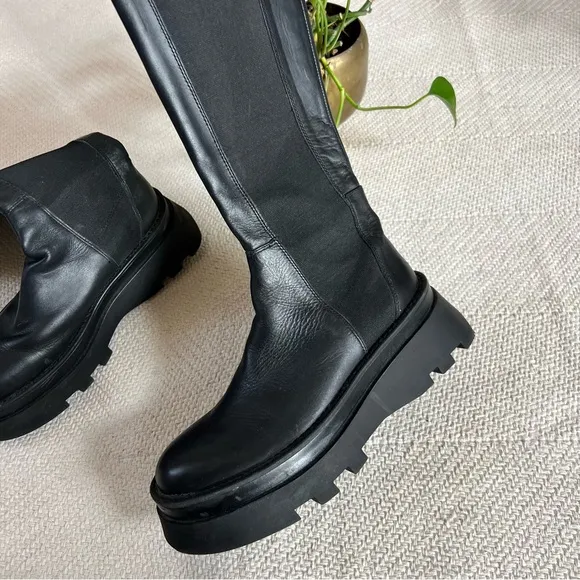 Zara Lug Sole Black Leather Knee High Platform Boots