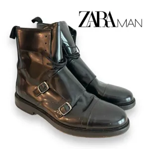 Zara Man Monk Strap Boots Size 43 Mens 10 Black Avant Garde Moto Combat Lace-Up