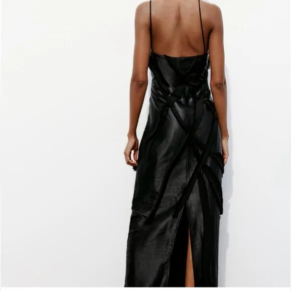 Zara NWOT black satin maxi / midi dress with 3d flower appliqué &amp; mesh detail