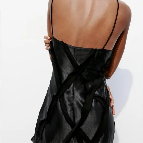 Zara NWOT black satin maxi / midi dress with 3d flower appliqué &amp; mesh detail