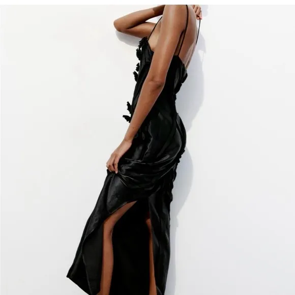 Zara NWOT black satin maxi / midi dress with 3d flower appliqué &amp; mesh detail