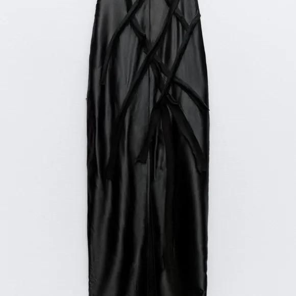 Zara NWOT black satin maxi / midi dress with 3d flower appliqué &amp; mesh detail