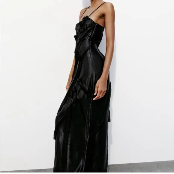 Zara NWOT black satin maxi / midi dress with 3d flower appliqué &amp; mesh detail