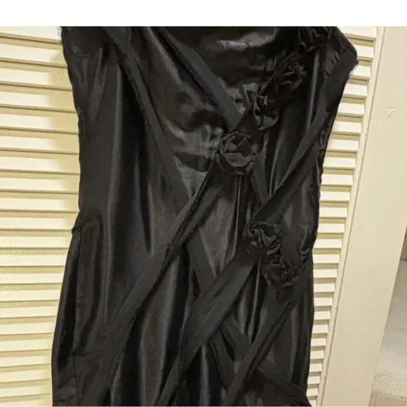Zara NWOT black satin maxi / midi dress with 3d flower appliqué &amp; mesh detail