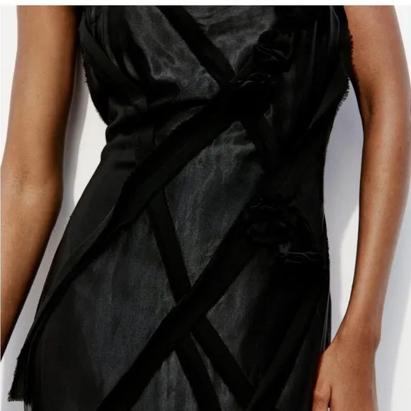 Zara NWOT black satin maxi / midi dress with 3d flower appliqué &amp; mesh detail
