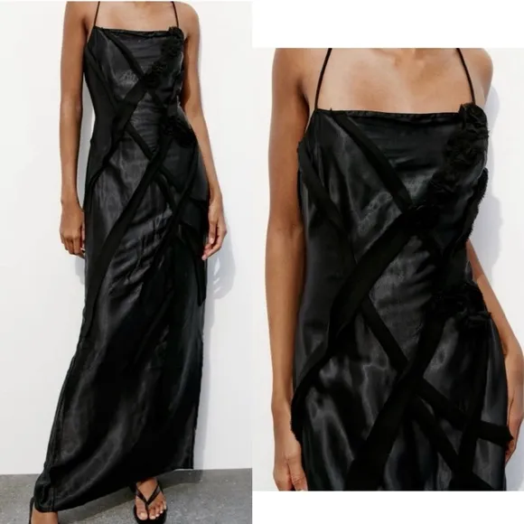 Zara NWOT black satin maxi / midi dress with 3d flower appliqué &amp; mesh detail