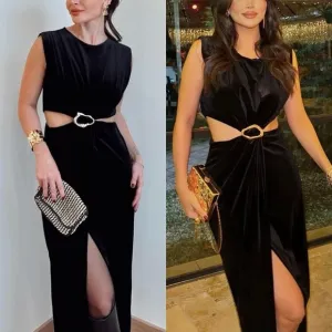 Zara NWOT velvet velour cutout sides black maxi dress with gold brooch detail