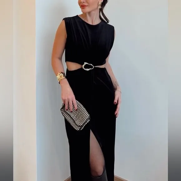 Zara NWOT velvet velour cutout sides black maxi dress with gold brooch detail
