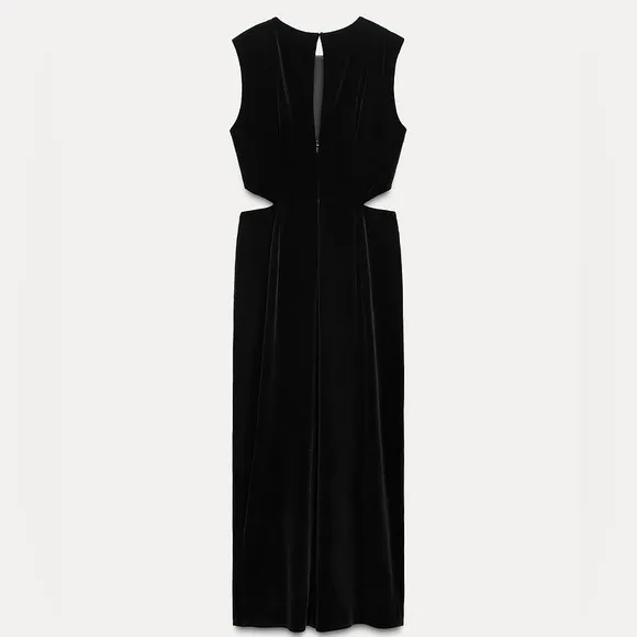 Zara NWOT velvet velour cutout sides black maxi dress with gold brooch detail