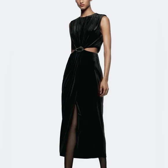 Zara NWOT velvet velour cutout sides black maxi dress with gold brooch detail