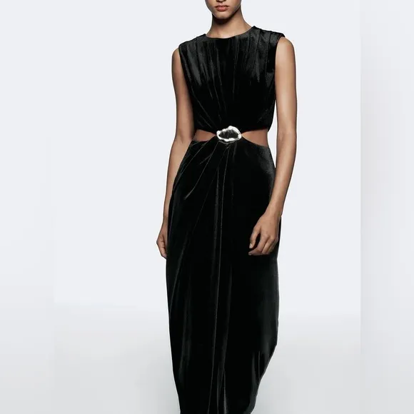 Zara NWOT velvet velour cutout sides black maxi dress with gold brooch detail
