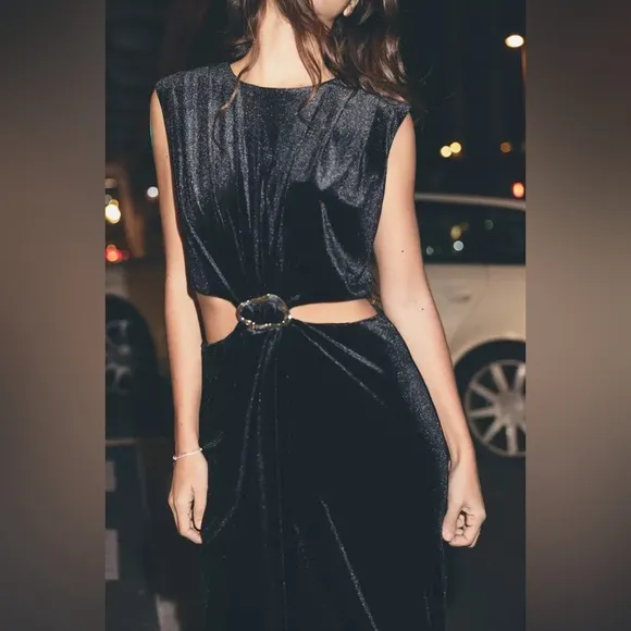 Zara NWOT velvet velour cutout sides black maxi dress with gold brooch detail