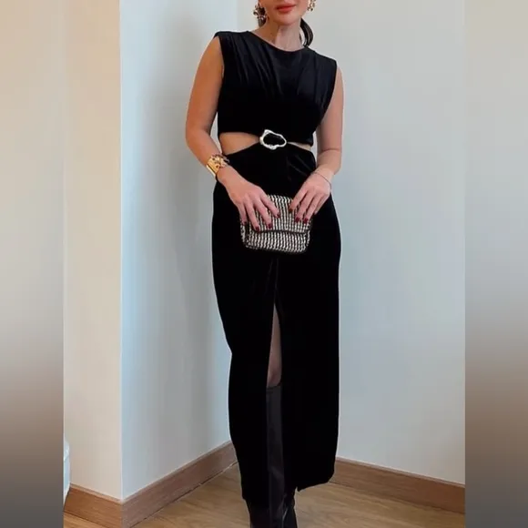 Zara NWOT velvet velour cutout sides black maxi dress with gold brooch detail