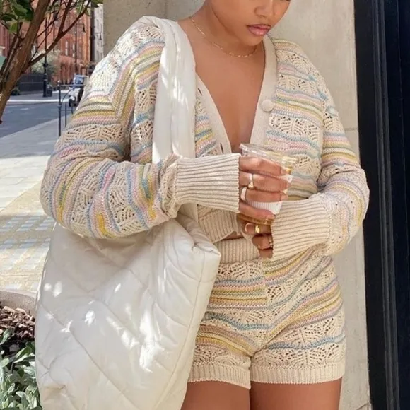 Zara NWT 2 piece Set Pointelle Knit Multicolor Pastel Cardigan Sweater &amp; Shorts