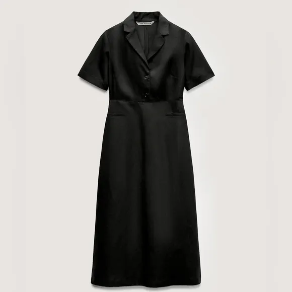 Zara NWT black linen midi collared polo dress with button front, short sleeve