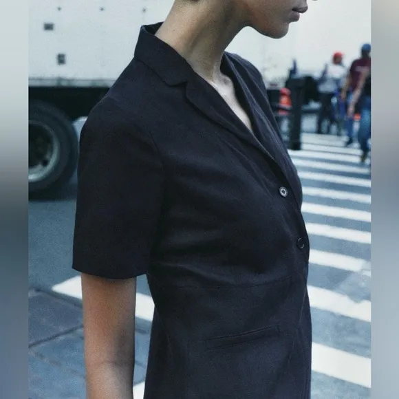 Zara NWT black linen midi collared polo dress with button front, short sleeve