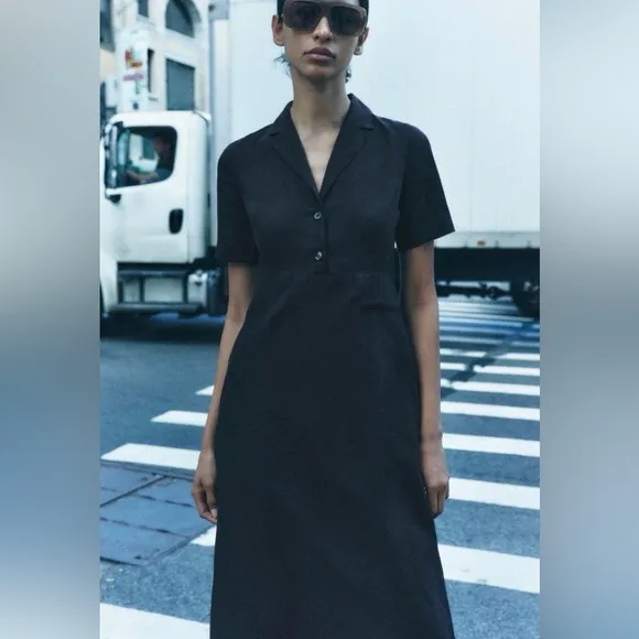 Zara NWT black linen midi collared polo dress with button front, short sleeve
