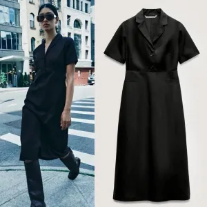 Zara NWT black linen midi collared polo dress with button front, short sleeve