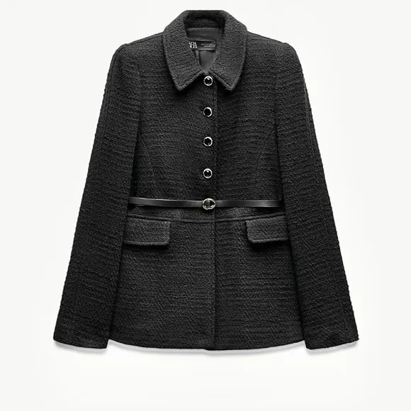 Zara NWT black tweed textured belted button front collard tailored blazer jacket