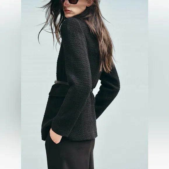 Zara NWT black tweed textured belted button front collard tailored blazer jacket